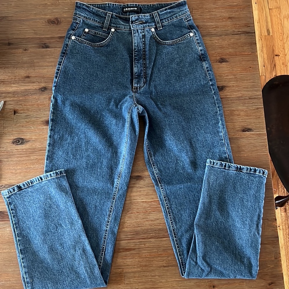 Cambio blue high rise relaxed straight mom jeans